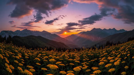 vibrant sunset over a mountain valley with a golden flower field