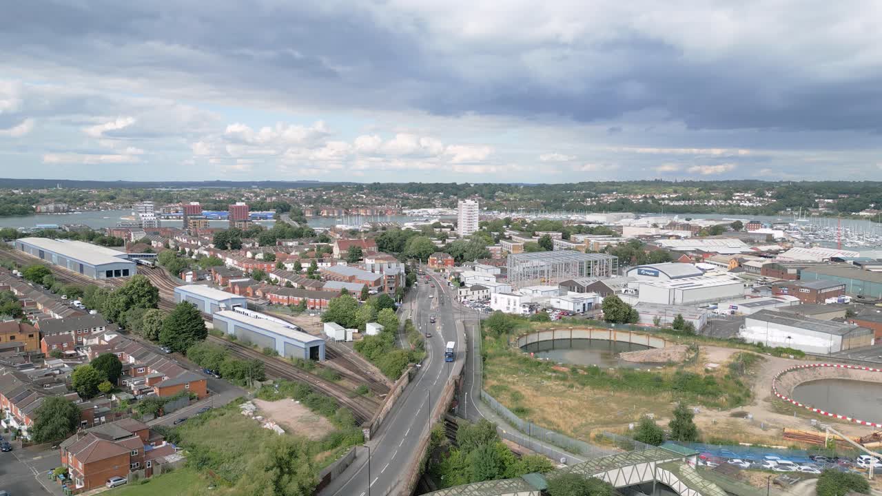 Southampton City Near St. Mary's Stadium On Banks Of River Itchen In Hampshire, UK. static aerial shot