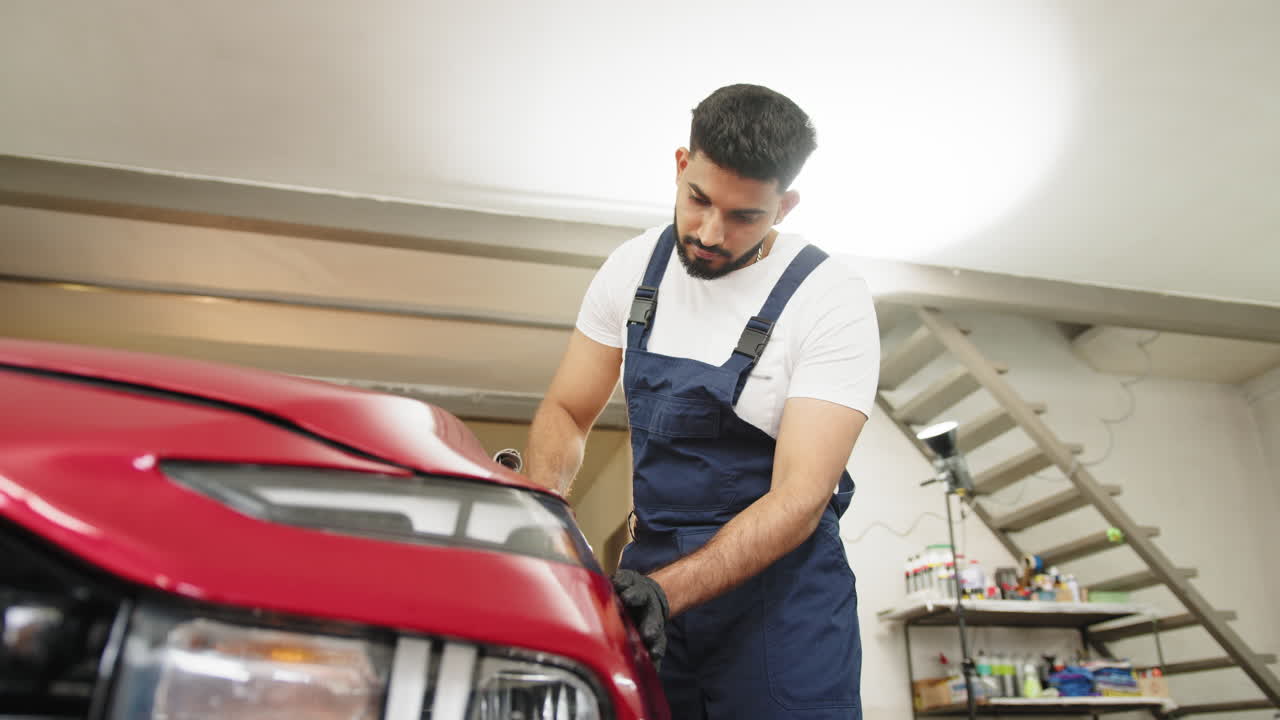 hombre detallando un coche rojo en un garaje