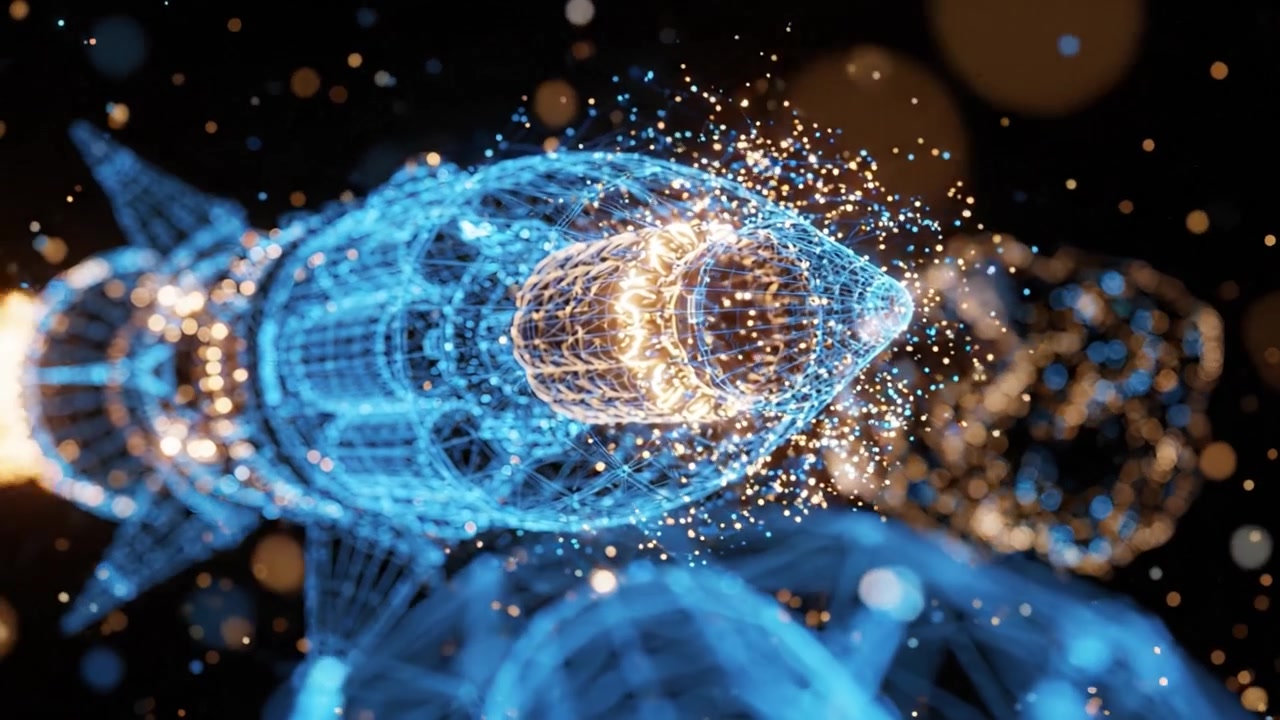 Razzo futuristico che si lancia attraverso una materia digitale con scintille e particelle energetiche in una straordinaria visualizzazione blu e dorata della tecnologia.