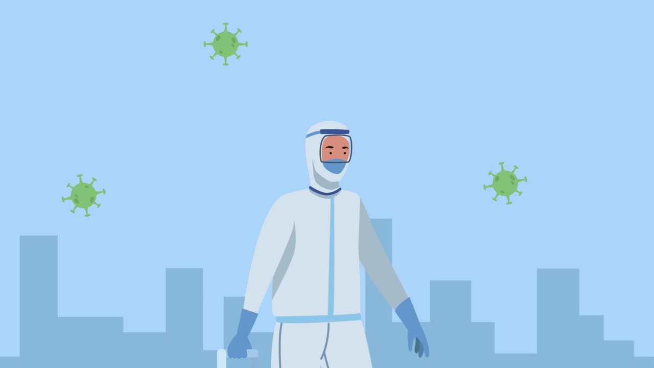 partículas pandémicas de covid-19 con trabajador de bioseguridad en la ciudad
