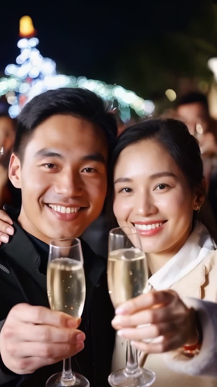 Young asian couple raises his champagne glasses and smiles in toast. New Year Celebration
