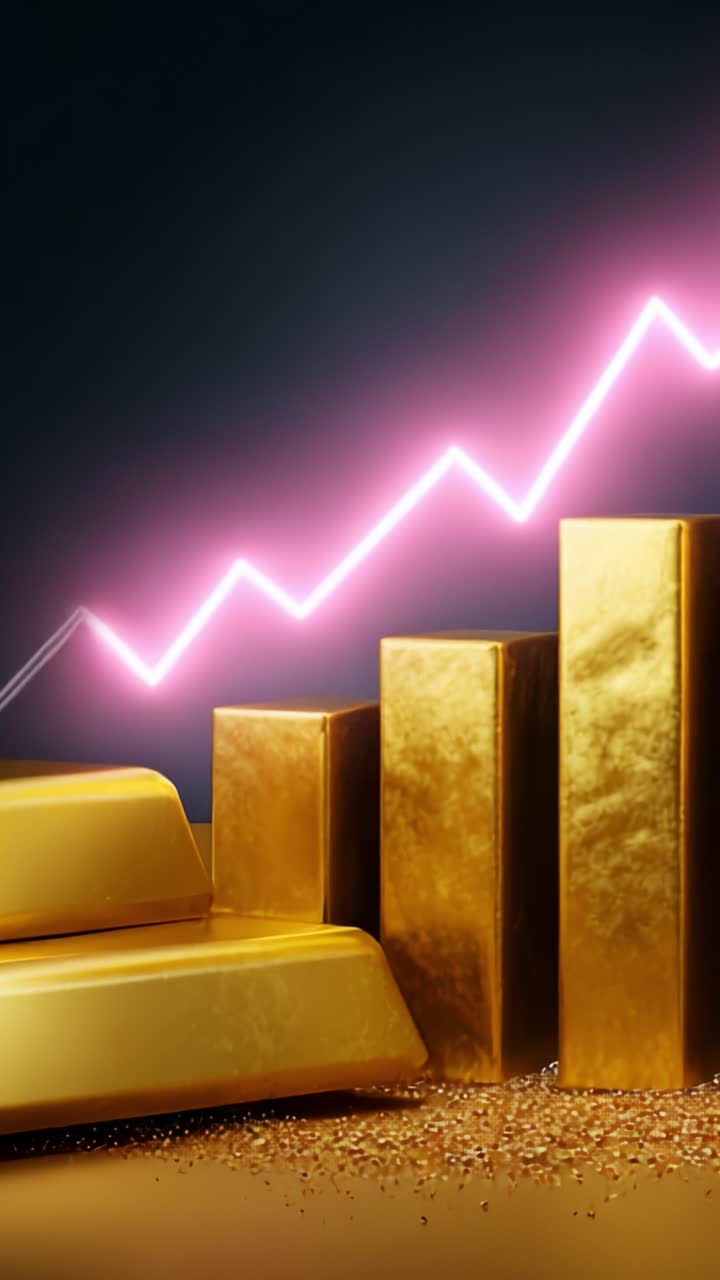 Rappresentazione visiva di lingotti d'oro in aumento su uno sfondo di andamenti di crescita positivi, a indicare prosperità economica e accumulo di ricchezza nei mercati finanziari