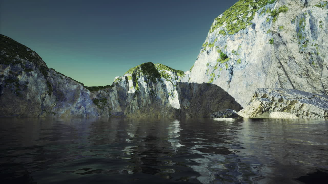 Majestic coastal cliffs reflect in tranquil waters during sunrise