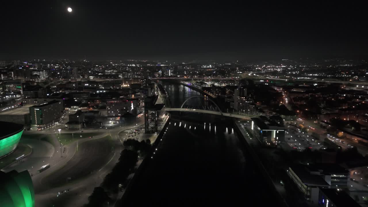 Scottish urban evening scenery, city centre landmarks, aerial