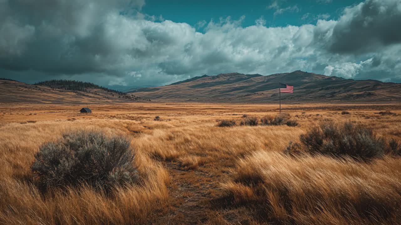 Een sereen landschap dat Amerikaanse trots toont: de iconische vlag wappert in een uitgestrekte gouden prairie onder een dramatische lucht, omringd door glooiende heuvels en weelderige graslanden.