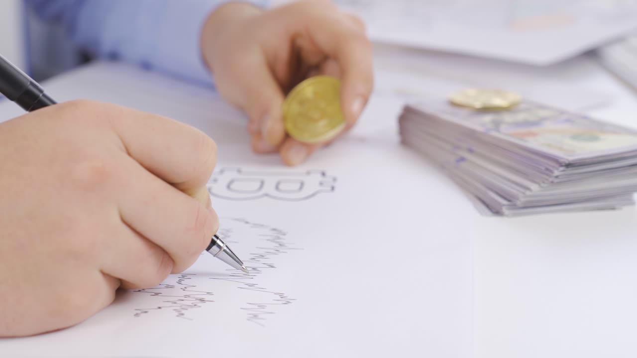 사업가는 비트코인 차트를 분석하고 작업하고 있습니다.