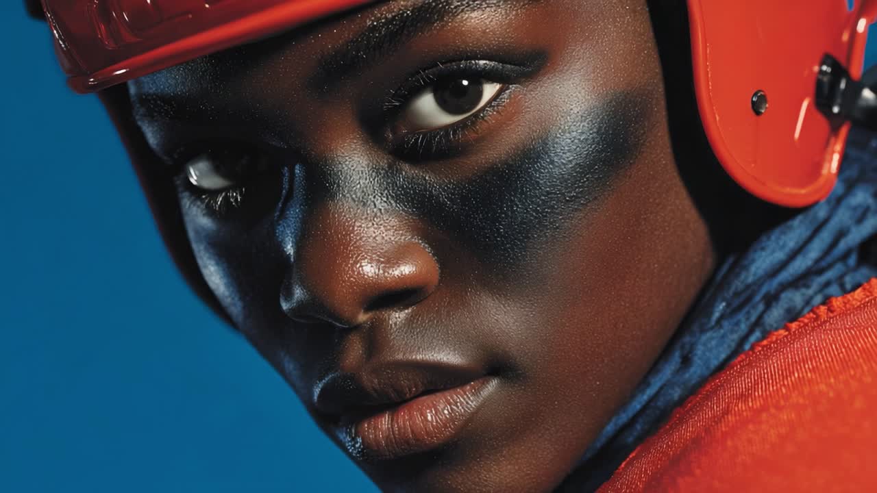 Un portrait saisissant d’un athlète se préparant à l’action, capturant la détermination et la résilience dans son regard et son expression dans un environnement sportif intense