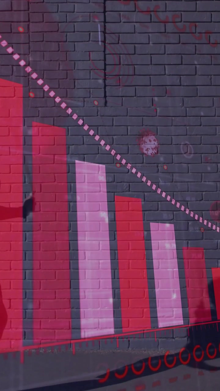 Vertical video: Man entering left, walking sidewalk past finance mural casting shadow over bars