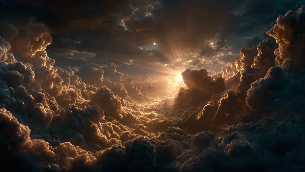 Una vista mozzafiato di un paesaggio celeste mentre una luce dorata trafigge nuvole drammatiche, illuminando il cielo con un senso di stupore e meraviglia in un'atmosfera pittoresca