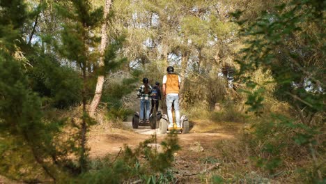 un grupo de turistas viajan en segways todoterreno a través de los campos y bosques de mallorca