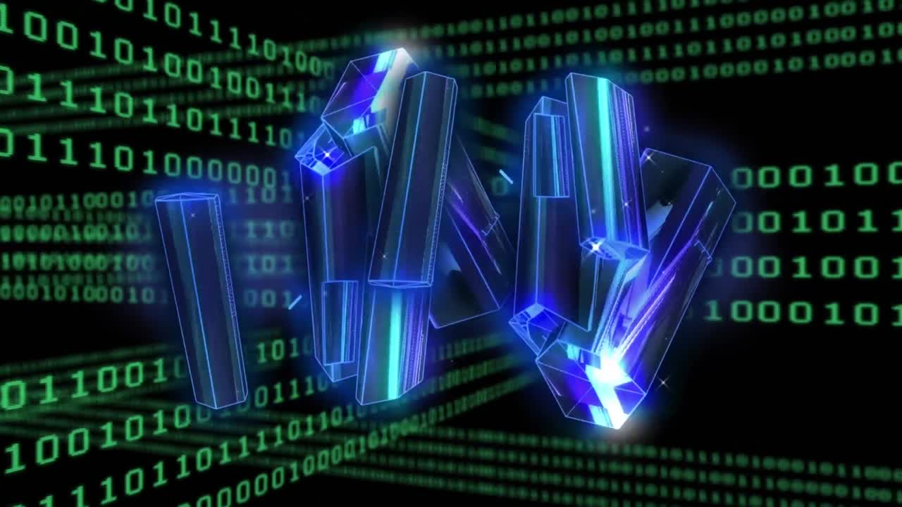 animación de bloques brillantes azules que giran sobre codificación binaria y procesamiento de datos