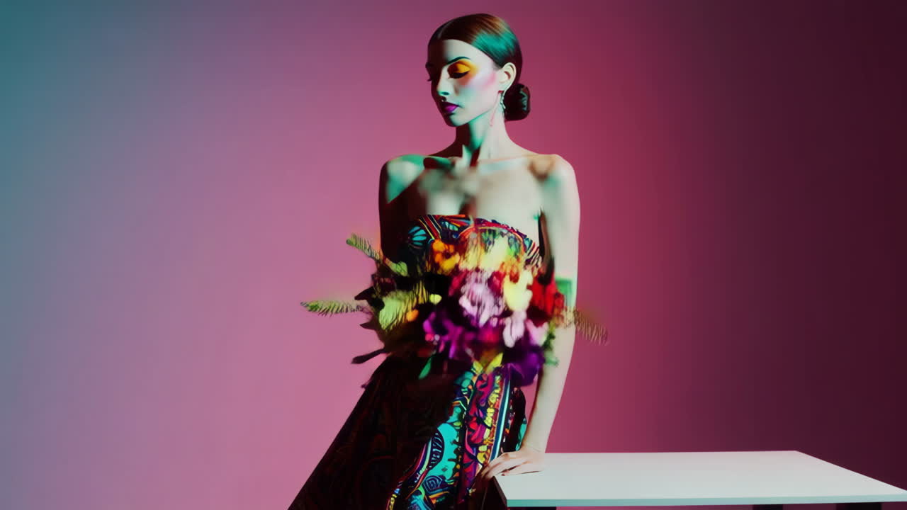 A woman in a vibrant, colorful dress with a bouquet of flowers in a dramatic studio setting