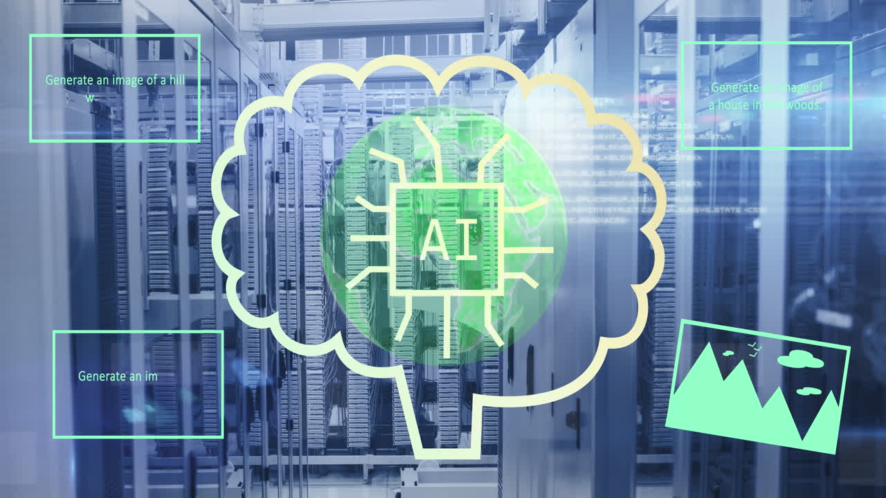 Animation of ai text and data processing over computer servers