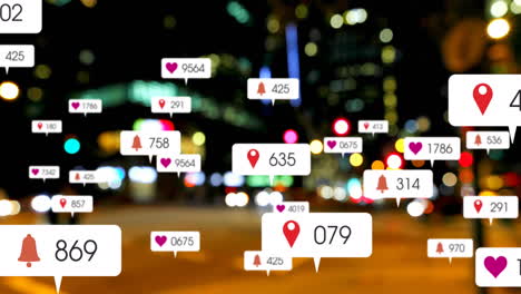 animación de iconos y números de redes sociales sobre el tráfico vial y las luces del paisaje urbano