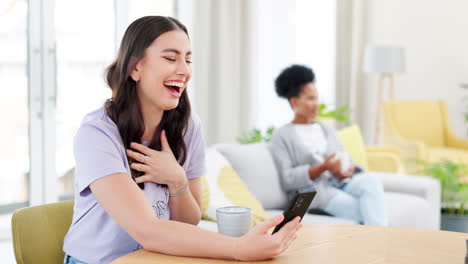 Woman,-phone-and-laughing-on-video-call-for-funny