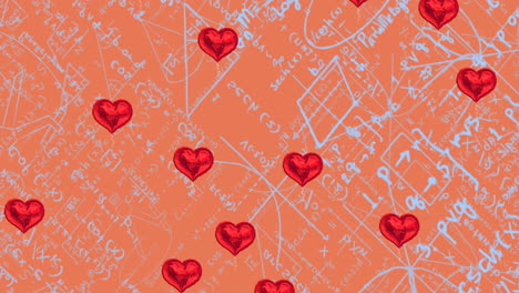 animación de corazones que caen sobre ecuaciones matemáticas en fondo rojo
