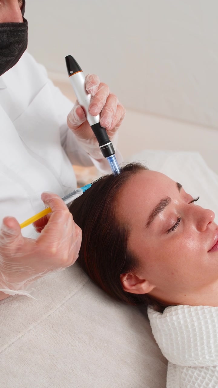 Hair mesotherapy session for woman in trichology clinic microneedling dermapen vitamin injection