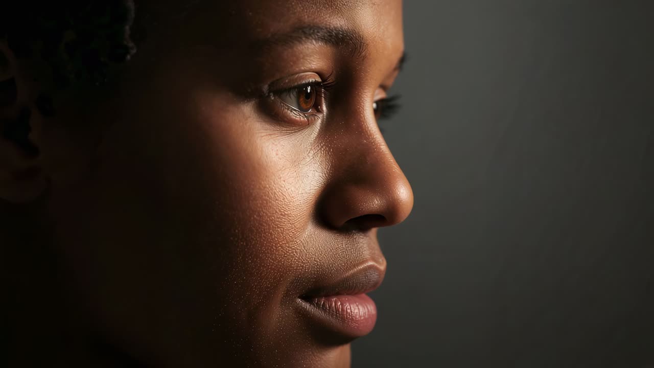 Camera rolling, gazing woman maintaining steady rightward gaze in studio portrait with catchlights