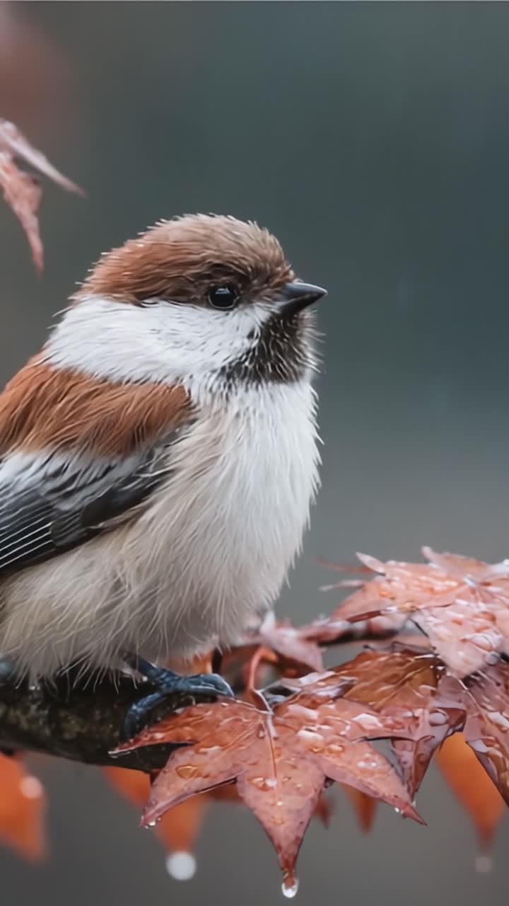 A Charming Bird Perched on Vibrant Autumn Leaves, Adorned with Raindrops, Capturing the Essence of Nature's Beauty and Serenity in a Rainy Atmosphere
