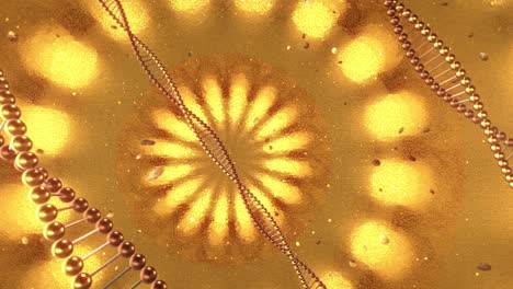 golden geometric background with swirls of dna molecules. 3d rendering loop 4k