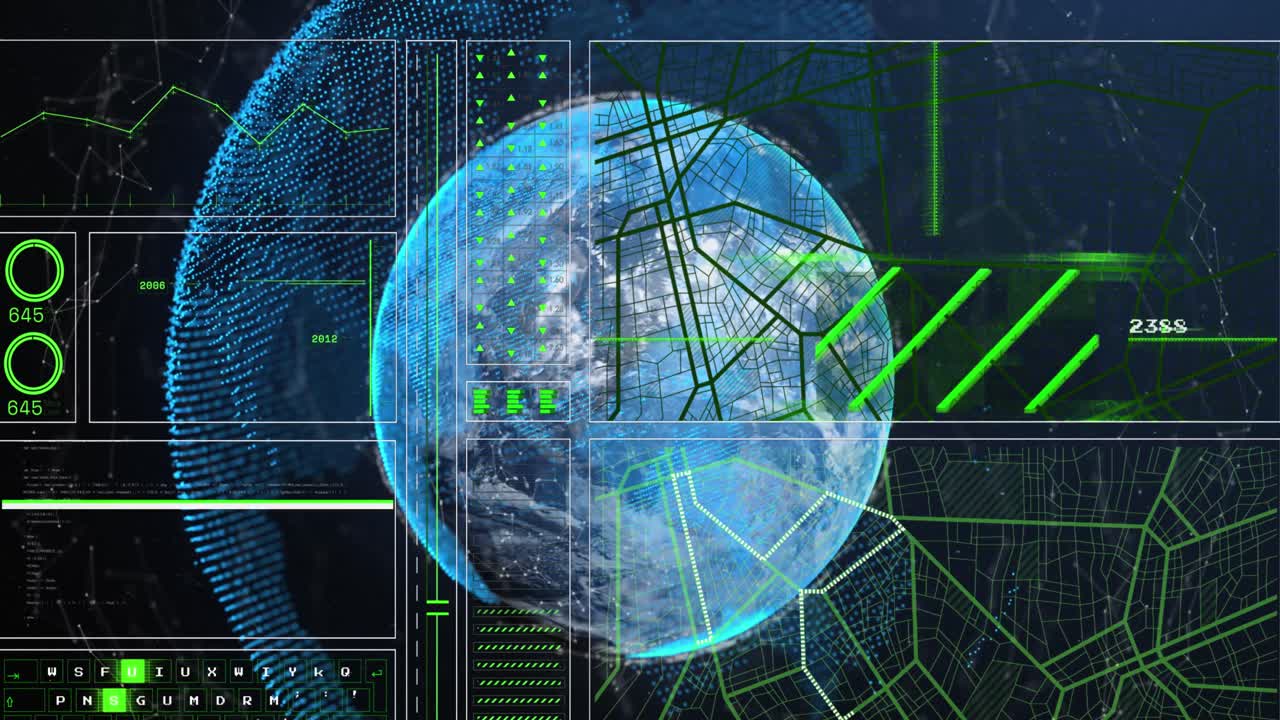 Animation of interface with data processing over globe and network of connections