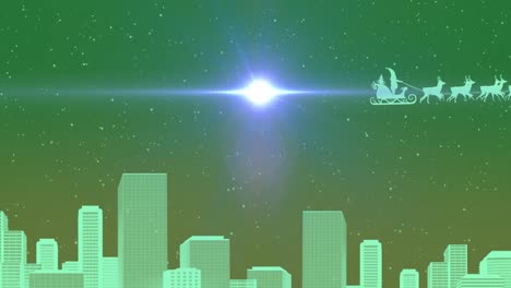 Animation-of-snow-and-light-spot-against-santa-claus-in-sleigh-pulled-by-reindeers-and-cityscape