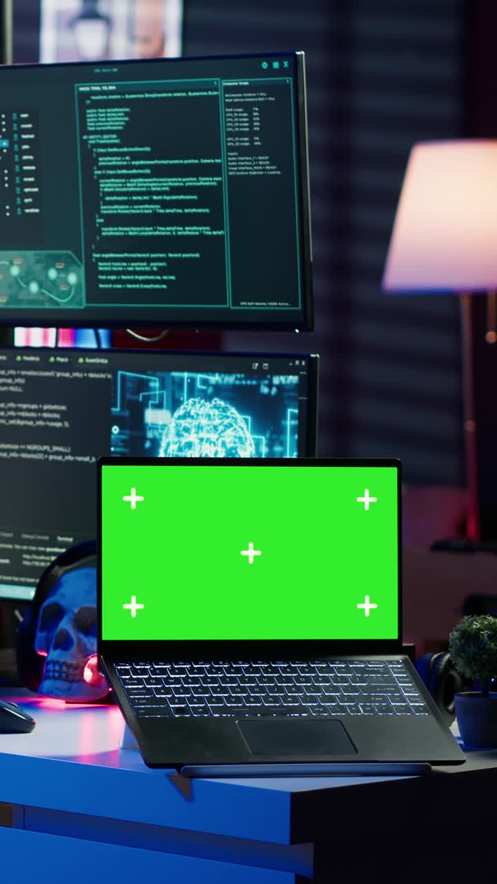 Vertical video Hacker using green screen laptop to deploy malware on unsecured devices