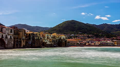 Wind-Blowing-Over-Beautiful-Ocean-Belvedere,-Palermo,-Italy,-Perfect-Sunny-Day,-Wide-Angle,-Static-Timelapse