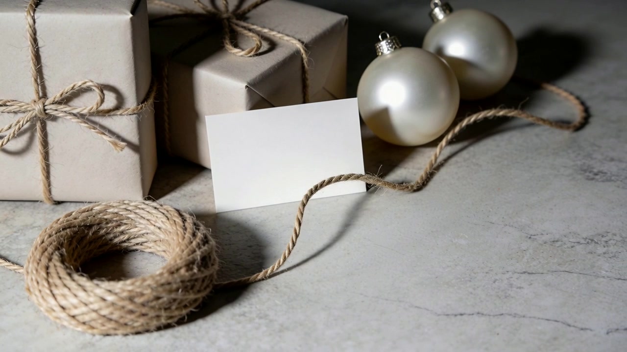Starting sequence moving camera closer on marble tabletop, centering gifts, card, twine, ornaments