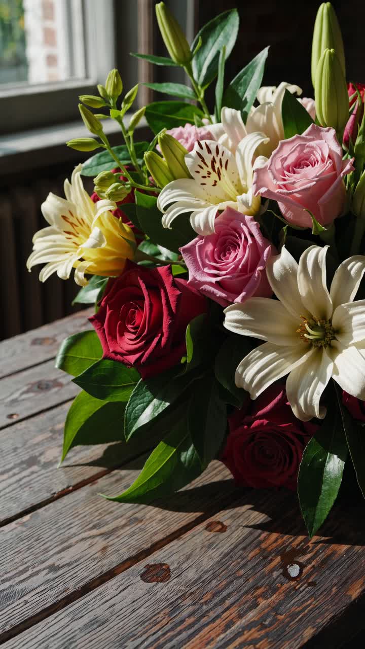A close-up, side-angle shot of a vibrant flower bouquet on a rustic wooden table