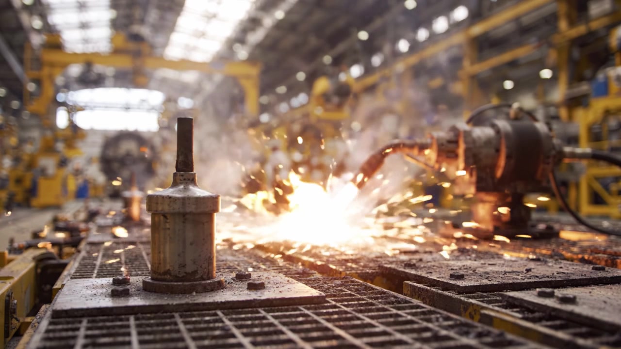 Cena de Oficina Industrial com Faíscas e Metalurgia: Capturando a Essência da Manufatura e Engenharia de Precisão em um Ambiente Dinâmico