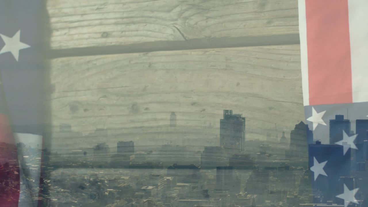 Fade starting partial US flag fading while wood plank and skyline clearing for layered montage