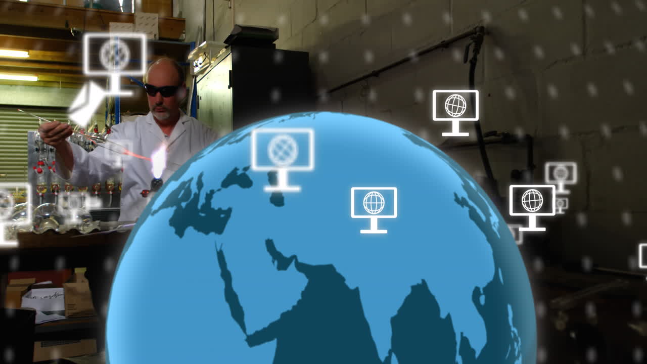 animación de iconos y procesamiento de datos en todo el mundo y científico caucásico masculino.