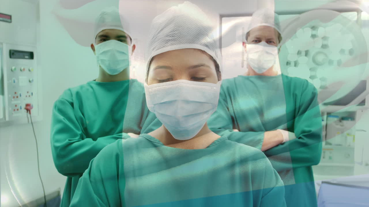 수술실 에서 외과 의사 들 위 에 날려 있는 나이지리아 의  ⁇ 발 의 애니메이션