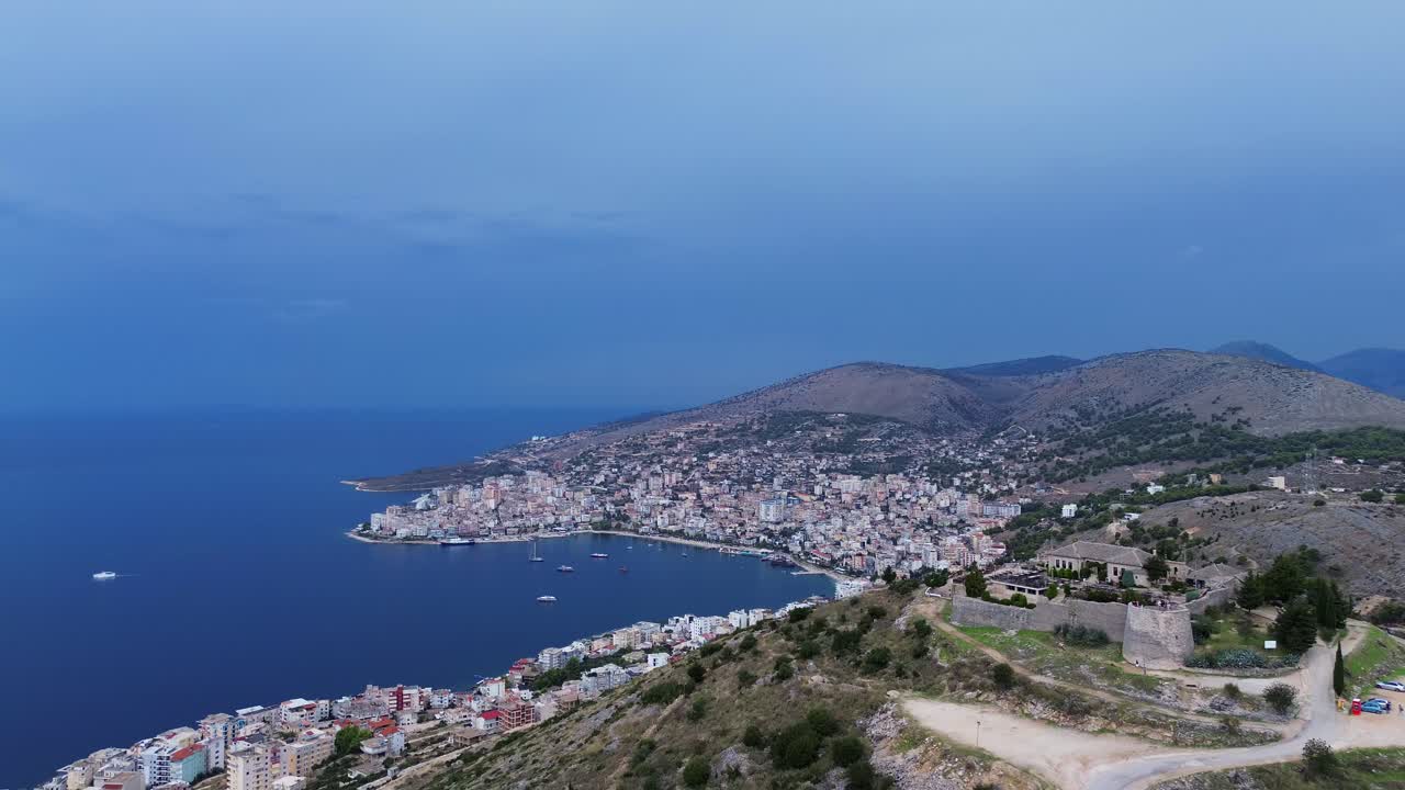 Saranda city aerial landscape view, drone over Lekursi castle Albania landmark