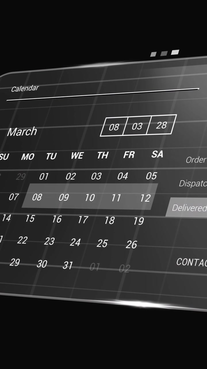 Animation af digital grænseflade med kalender og databehandling på sort baggrund