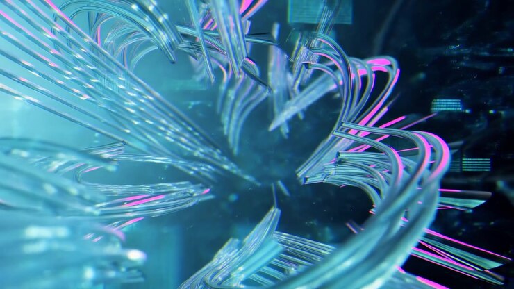 Petali curvi traslucidi formano una forma astratta luminosa simile a un fiore, illuminata da riflessi ciano e magenta contro uno sfondo scuro e futuristico