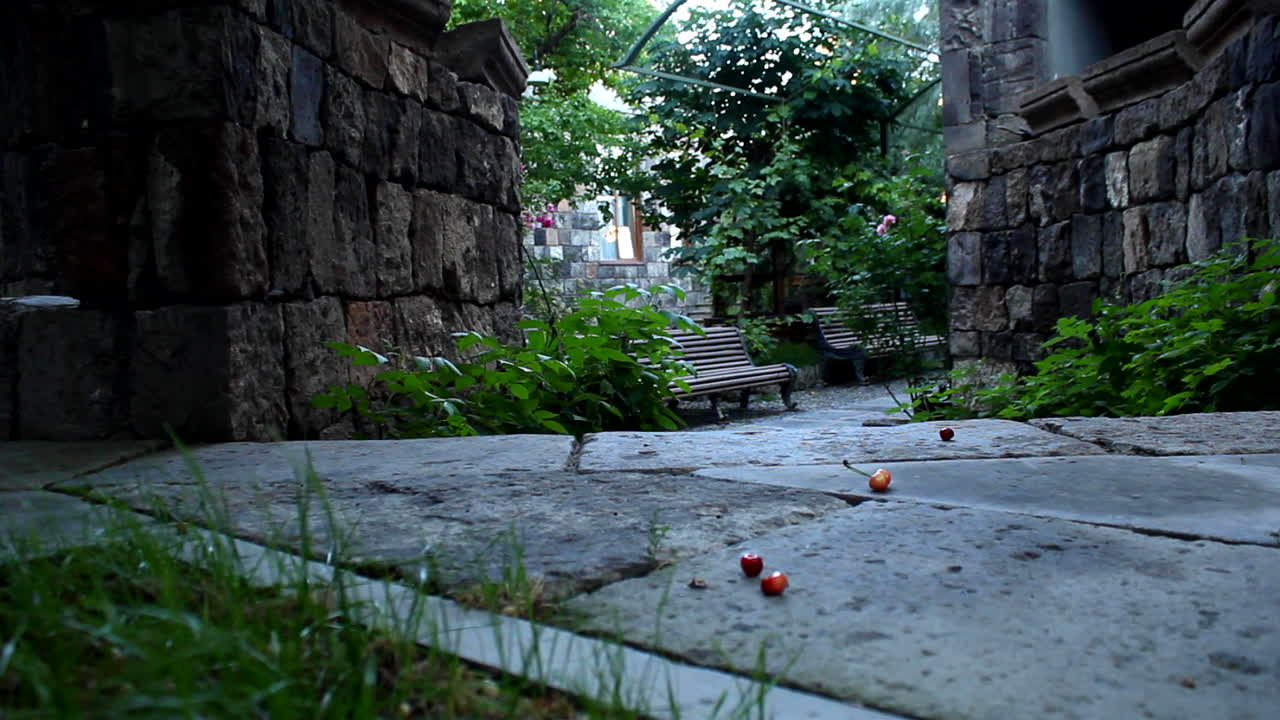 바람 부는 날 돌담 옆 벤치와 식물이 있는 아름답고 조용한 공원 - 와이드 팬 샷