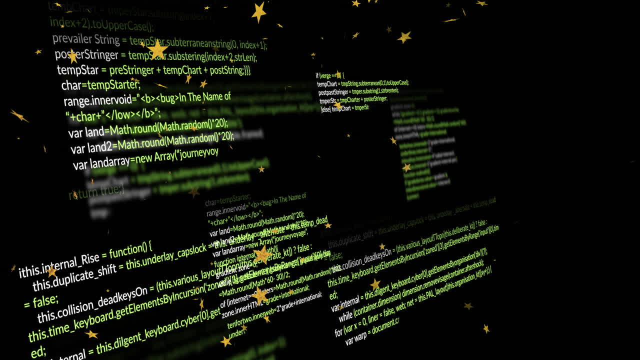 Green code lines with floating stars animation on black background