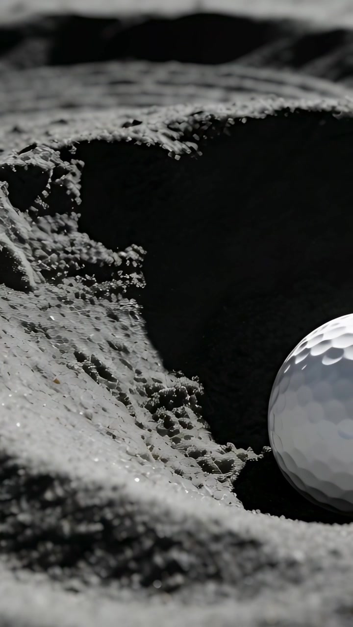 Video verticale: Telecamera che si allontana rivelando una pallina da golf sul bordo di un bunker, enfatizzando la sabbia, con spazio per il testo.