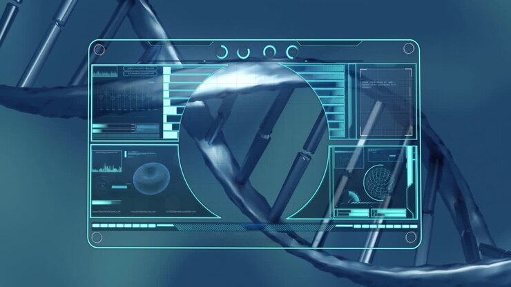 Animation of dna strand and data processing over screen
