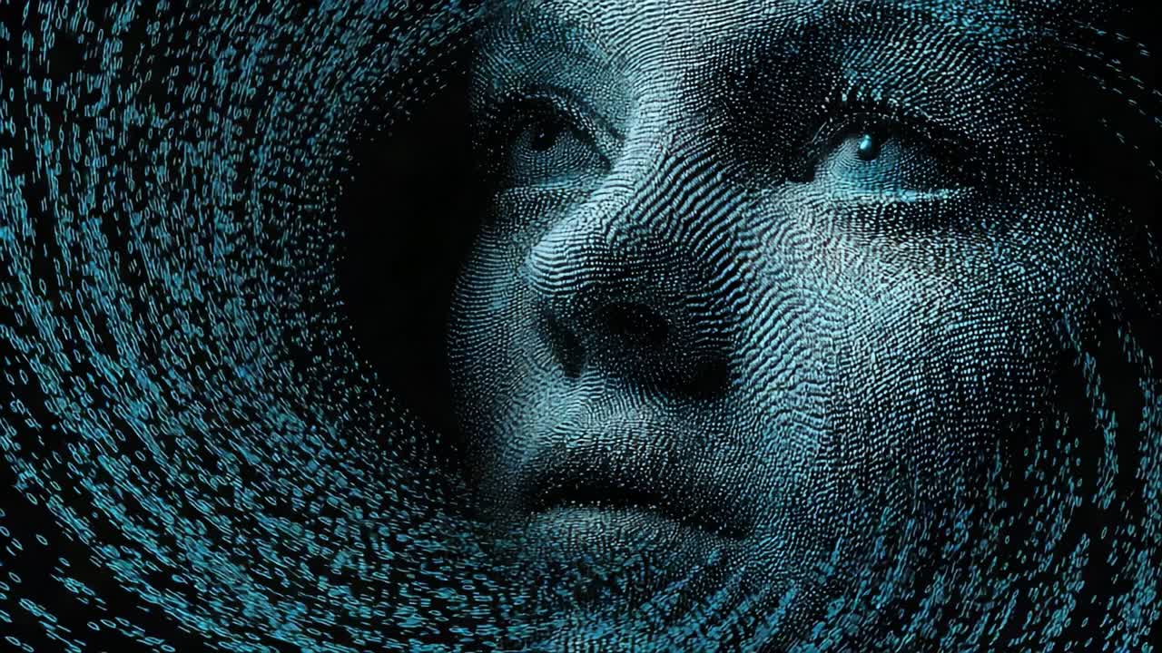 An ethereal blend of human essence and digital art forms a captivating portrait of a face enveloped in swirling patterns of intricate lines, highlighting the fusion of technology and identity