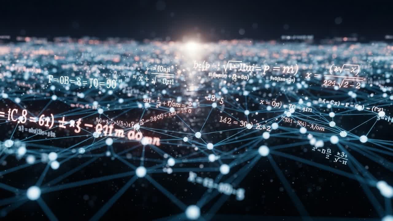 A Stunning Visualization of Complex Mathematical Equations and Data Networks, Illustrating the Intersection of Technology and Theoretical Imagination in a Digital Landscape