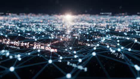 a stunning visualization of complex mathematical equations and data networks, illustrating the intersection of technology and theoretical imagination in a digital landscape