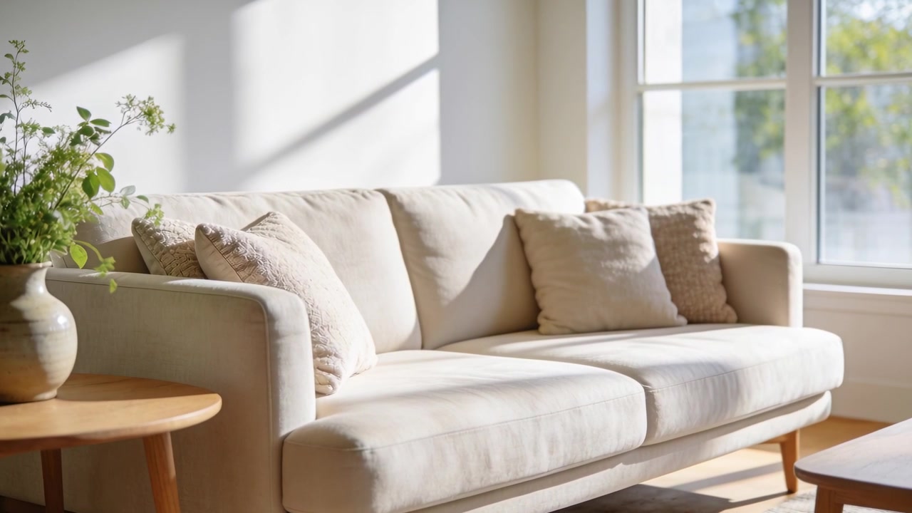 Kameraet bevæger sig ind på en beige sofa i et solbeskinnet hjørne med et sidebord og en plante, der afslører pudernes detaljer.