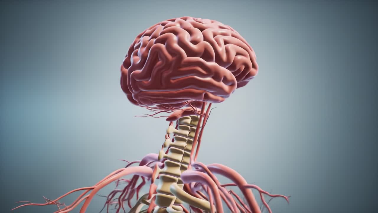 Anatomical Model of Human Brain and Spinal Cord with Vascular System Highlighted, Displaying Interconnected Nerves and Blood Vessels in Detail