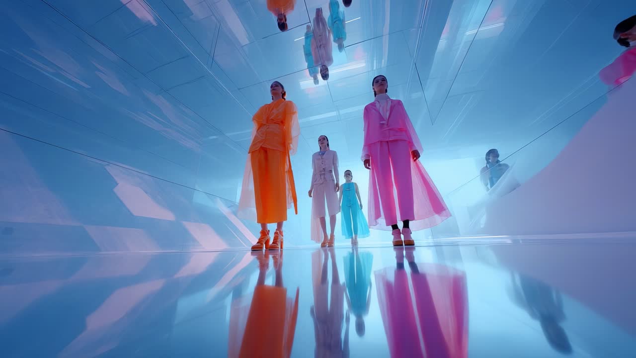 Dynamic Fashion Display Featuring Models in Vibrant Apparel Walking Through a Futuristic, Reflective Space with a Color Palette of Brights and Pastels, Showcasing a Unique Blend of Textures and Styles