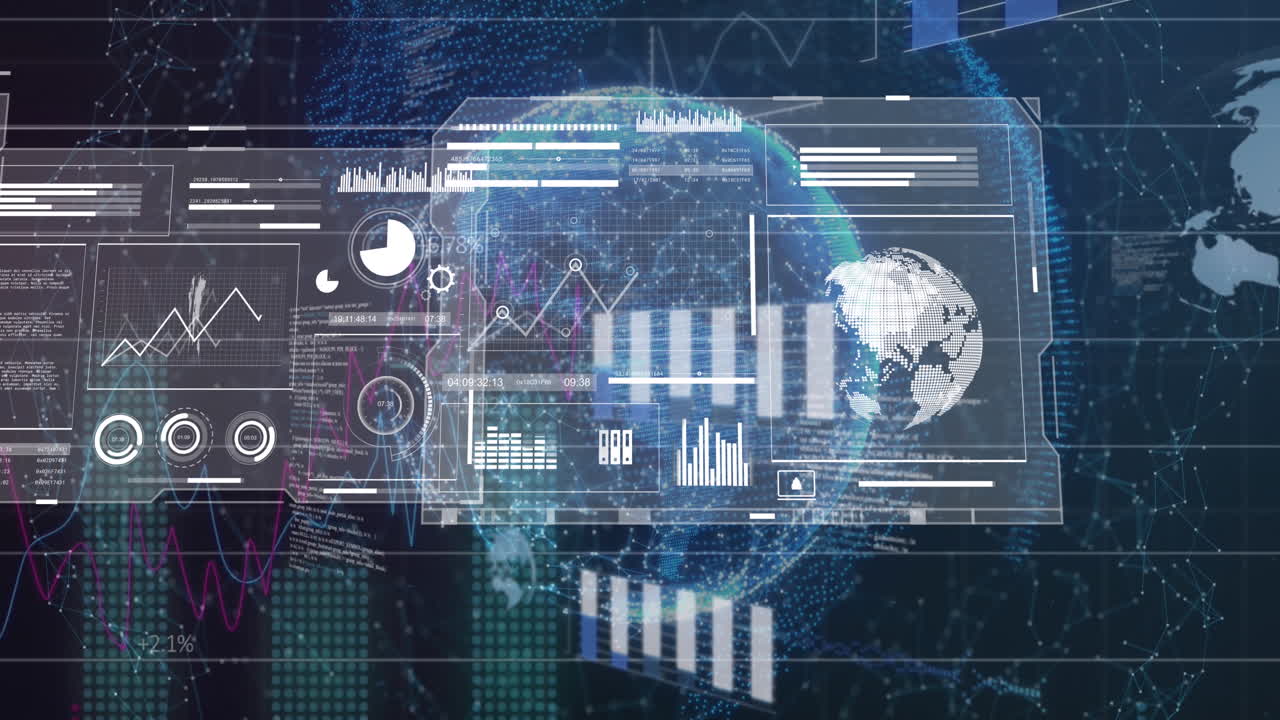 Animation of multiple graphs, globe, loading bars, map circles over computer language and globes