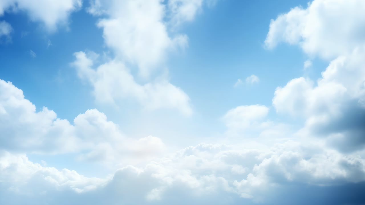 A serene video scene of fluffy clouds against a bright blue sky, captured from a low-angle